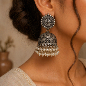 Oxidized Silver Dome Jhumka Earrings with Pearl Fringe