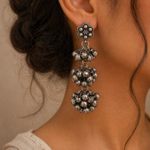 Oxidized Silver Multi-Cluster Ghungroo Earrings