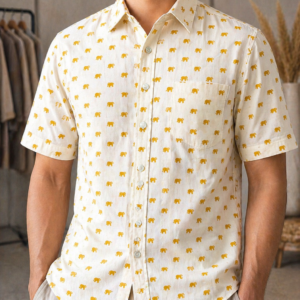 Pure Cotton Sanganeri Printed Men’s Shirt - Cream Mustard Elephant