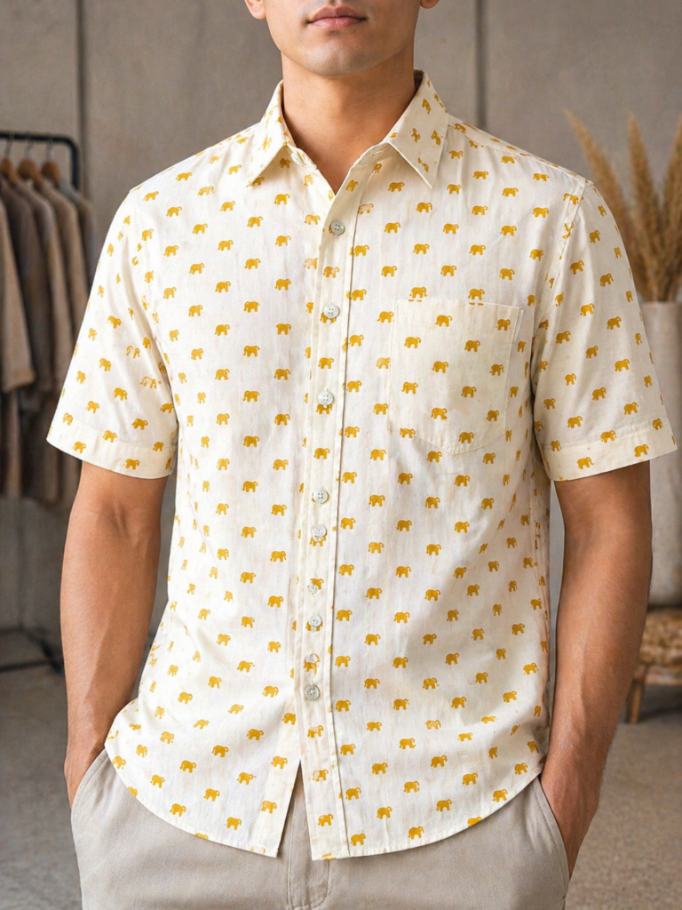Pure Cotton Sanganeri Printed Men’s Shirt - Cream Mustard Elephant