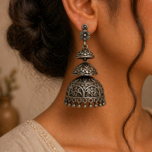 Oxidized Silver Tiered Jhumka Earrings