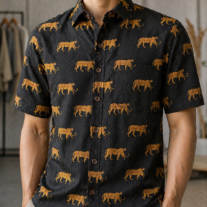 Pure Cotton Sanganeri Printed Men’s Shirt - Black Leopard Motif Statement