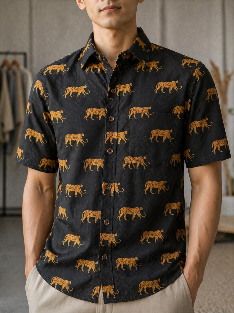 Pure Cotton Sanganeri Printed Men’s Shirt - Black Leopard Motif Statement