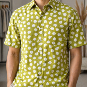 Pure Cotton Sanganeri Printed Men’s Shirt - Olive Polka