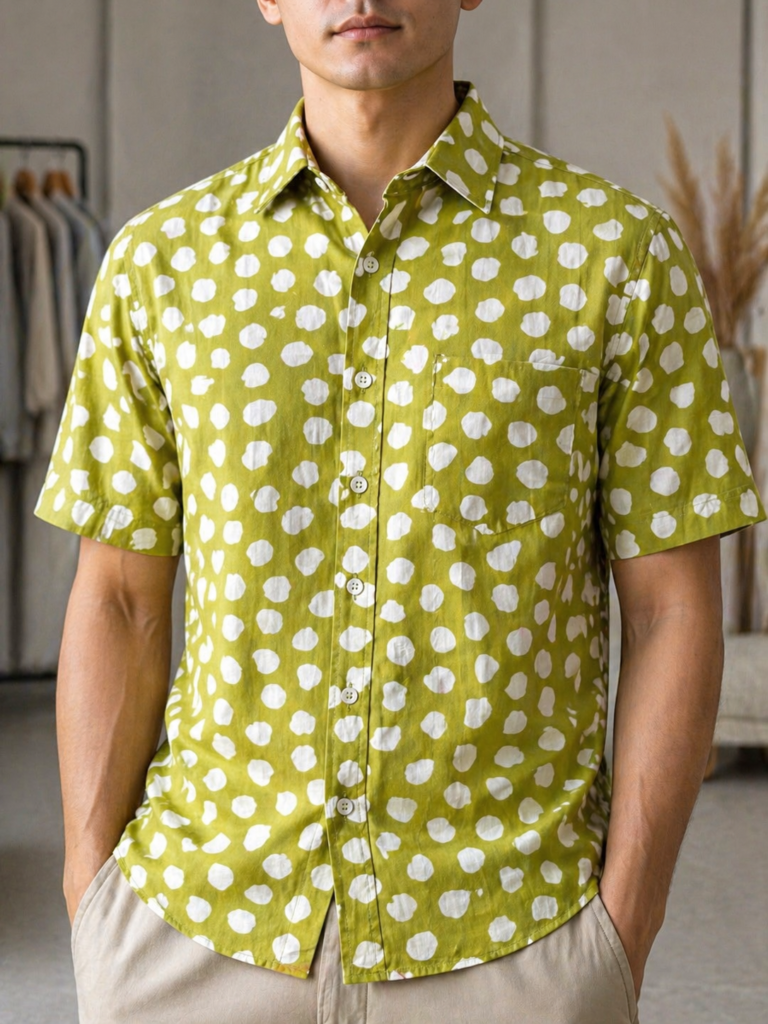 Pure Cotton Sanganeri Printed Men’s Shirt - Olive Polka