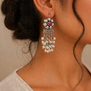 Oxidized Silver Earrings with Pearl Cluster Drops