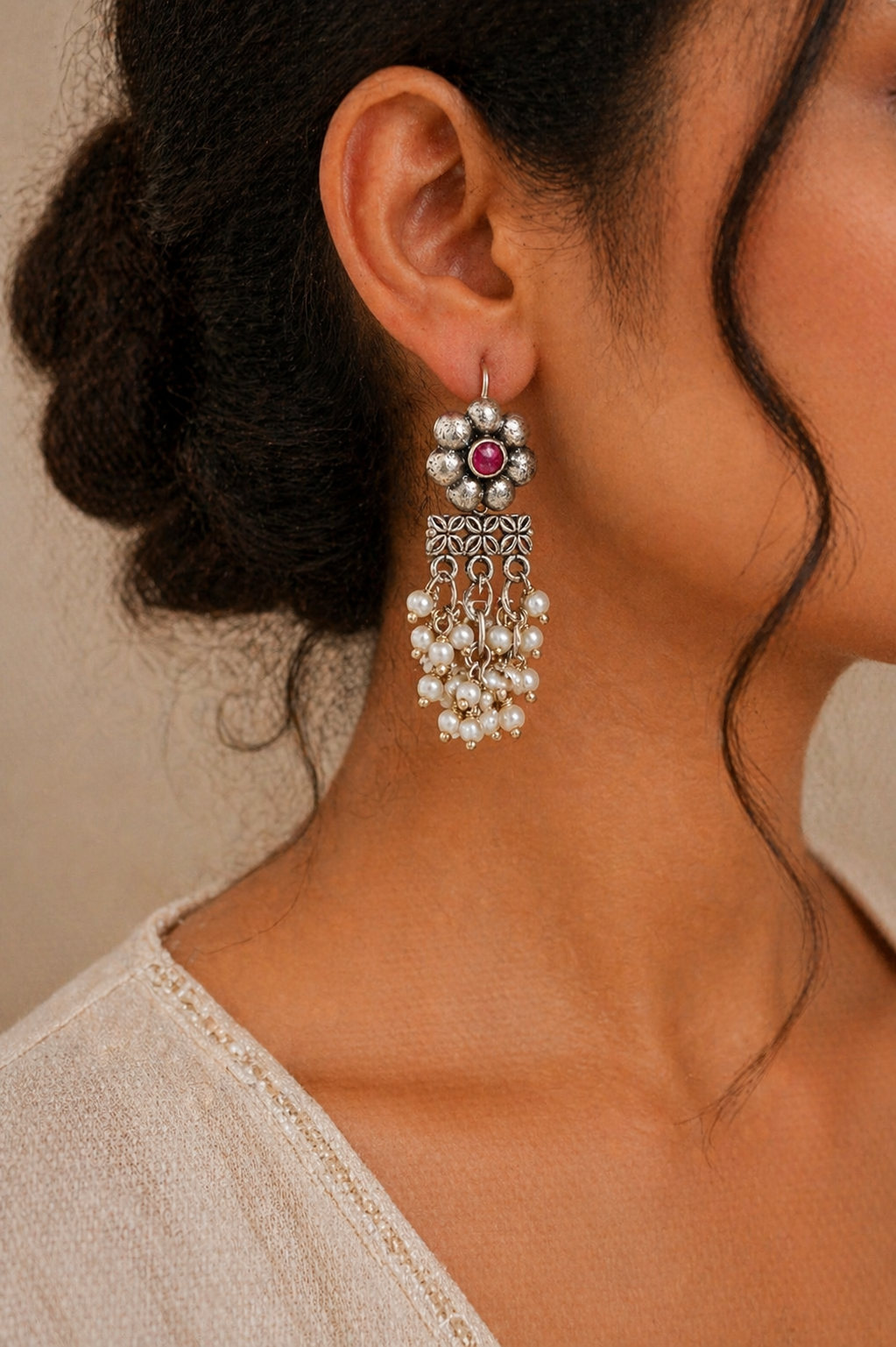 Oxidized Silver Earrings with Pearl Cluster Drops