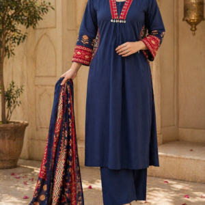 Pure Cotton Embroidered Kurti Set with Pants & Dupatta