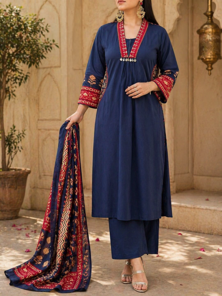 Pure Cotton Embroidered Kurti Set with Pants & Dupatta