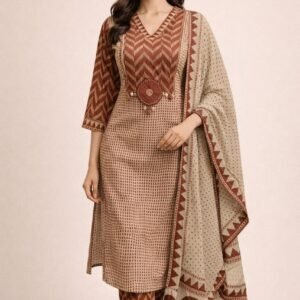 Beige & Rust Handblock Kurta Set with Pant & Dupatta (3-Piece) – Desert Earth