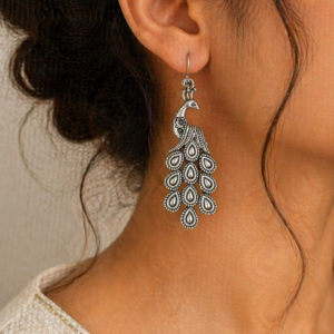 Handcrafted Oxidized Silver Peacock-Shaped Earrings