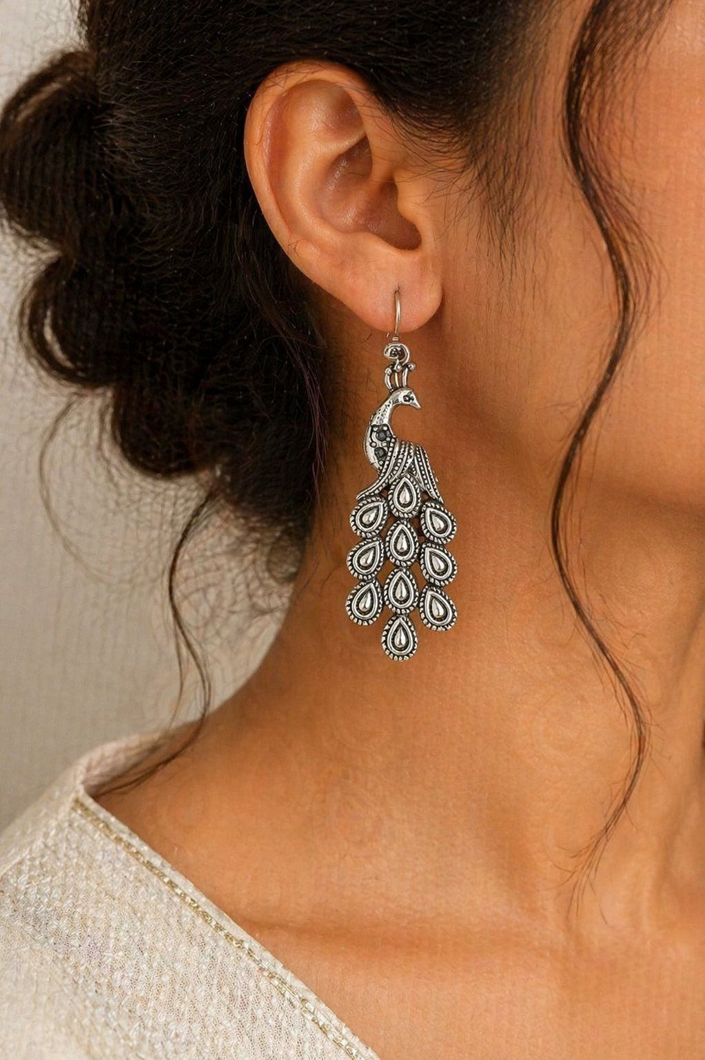 Handcrafted Oxidized Silver Peacock-Shaped Earrings