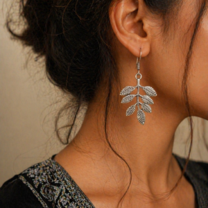 Handcrafted Oxidized Silver Leaf-Shaped Earrings
