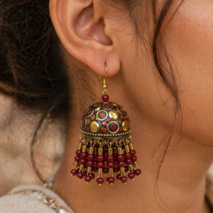 Traditional Jhumka Earrings with Red Bead Detailing