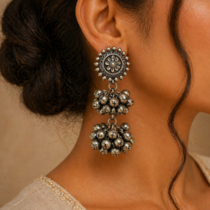 Oxidized Silver Earrings with Floral Stud & Double-Layered Ghungroo Clusters