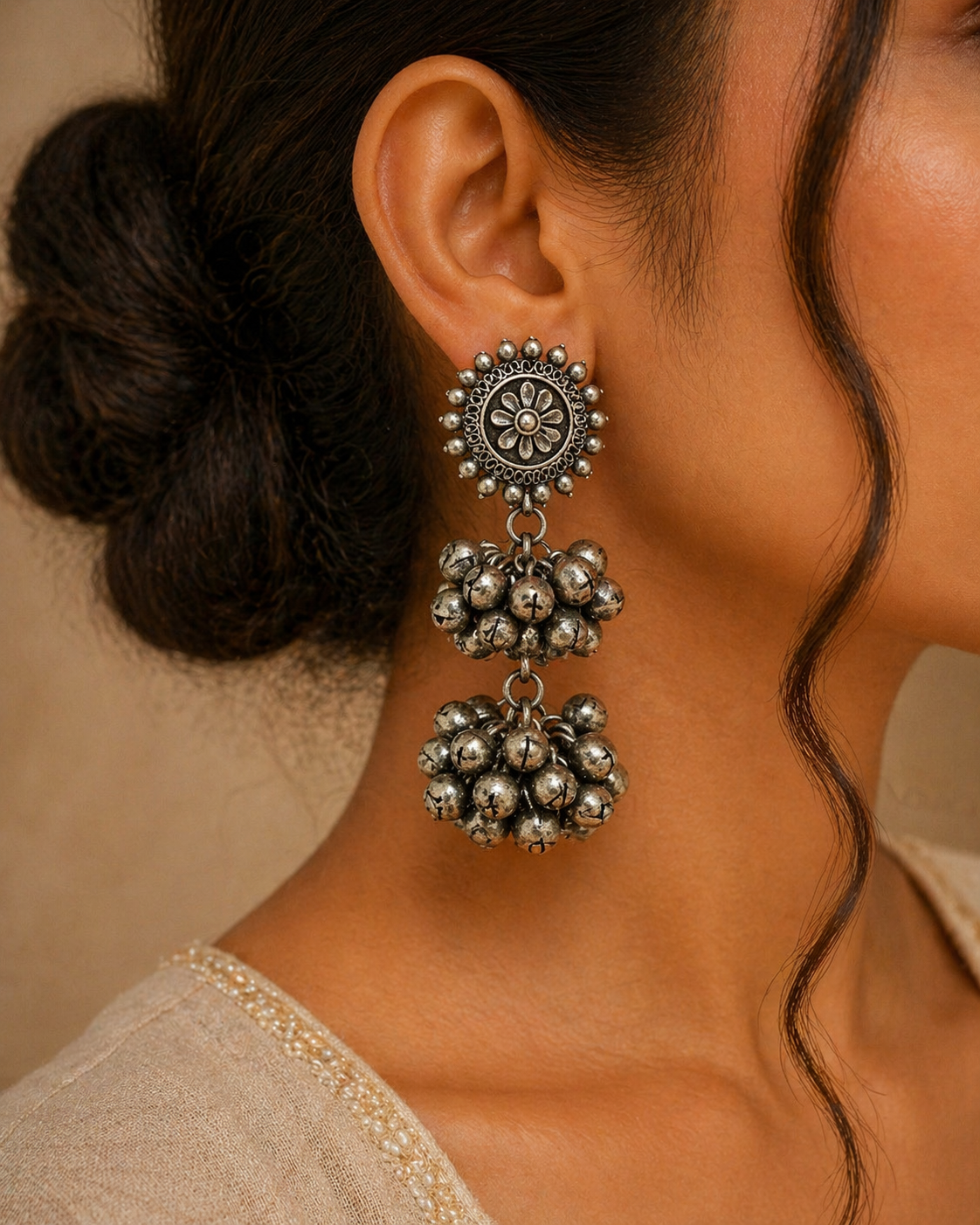 Oxidized Silver Earrings with Floral Stud & Double-Layered Ghungroo Clusters