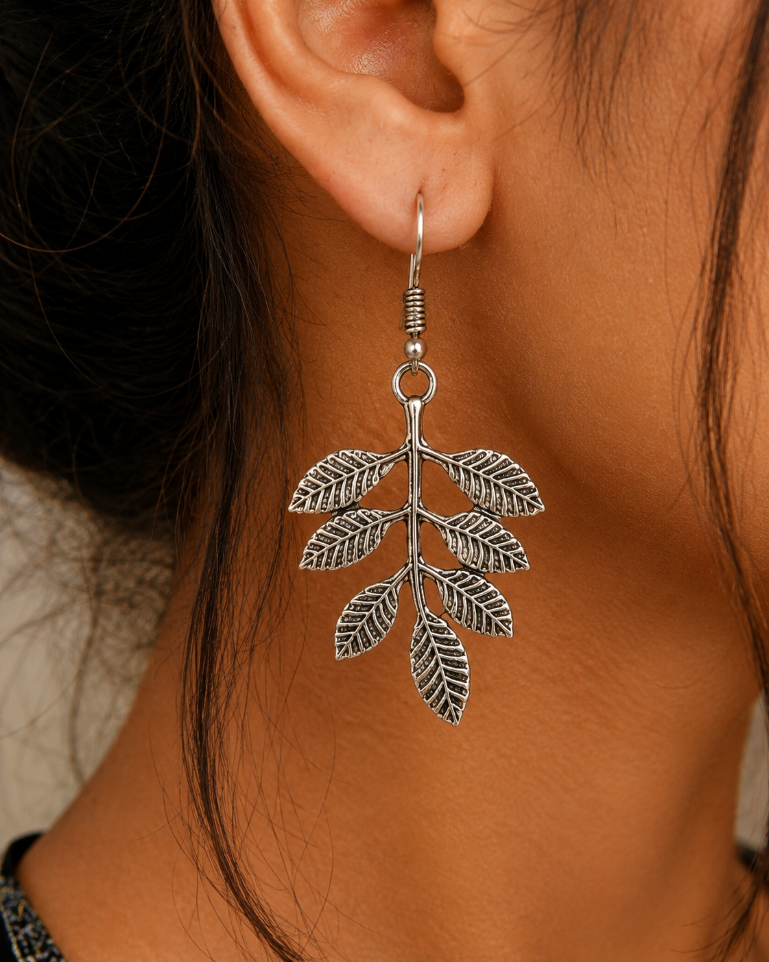 Premium Handcrafted Oxidized GS Metal Leaf-Shaped Drop Earrings | Lightweight Boho Jewellery