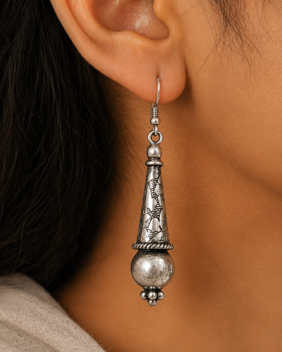 Premium Oxidized GS Metal Engraved Long Drop Earrings | Traditional Ethnic Jewellery