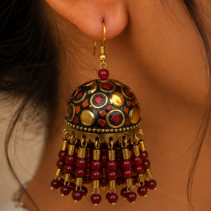 Premium Antique Gold Plated Dome Jhumka Earrings with Red Bead Tassels | Traditional Ethnic Jewellery