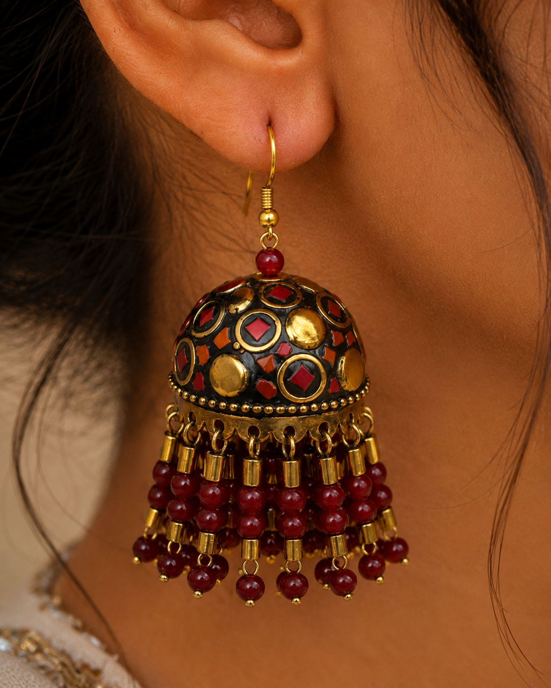 Premium Antique Gold Plated Dome Jhumka Earrings with Red Bead Tassels | Traditional Ethnic Jewellery