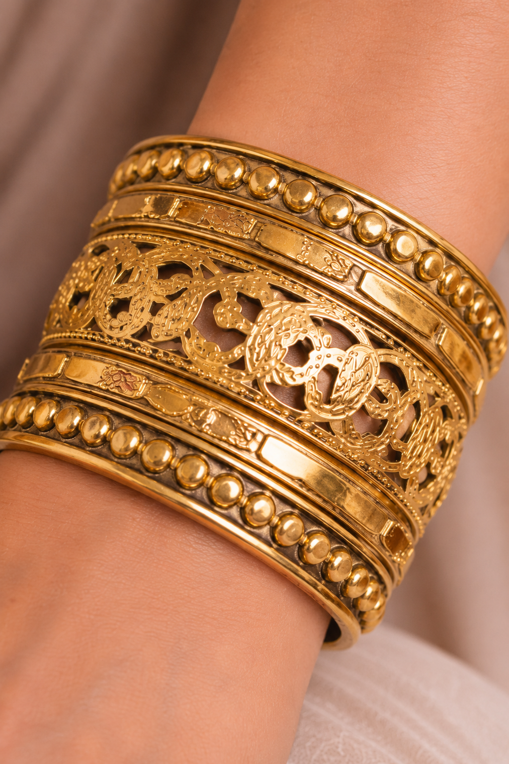 Premium Gold-Tone GS Metal Filigree Statement Bangle | Traditional Ethnic Jewellery