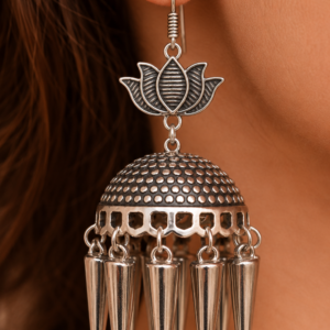 Premium Oxidized GS Metal Lotus Jhumka Earrings with Spike Drops | Tribal Ethnic Jewellery