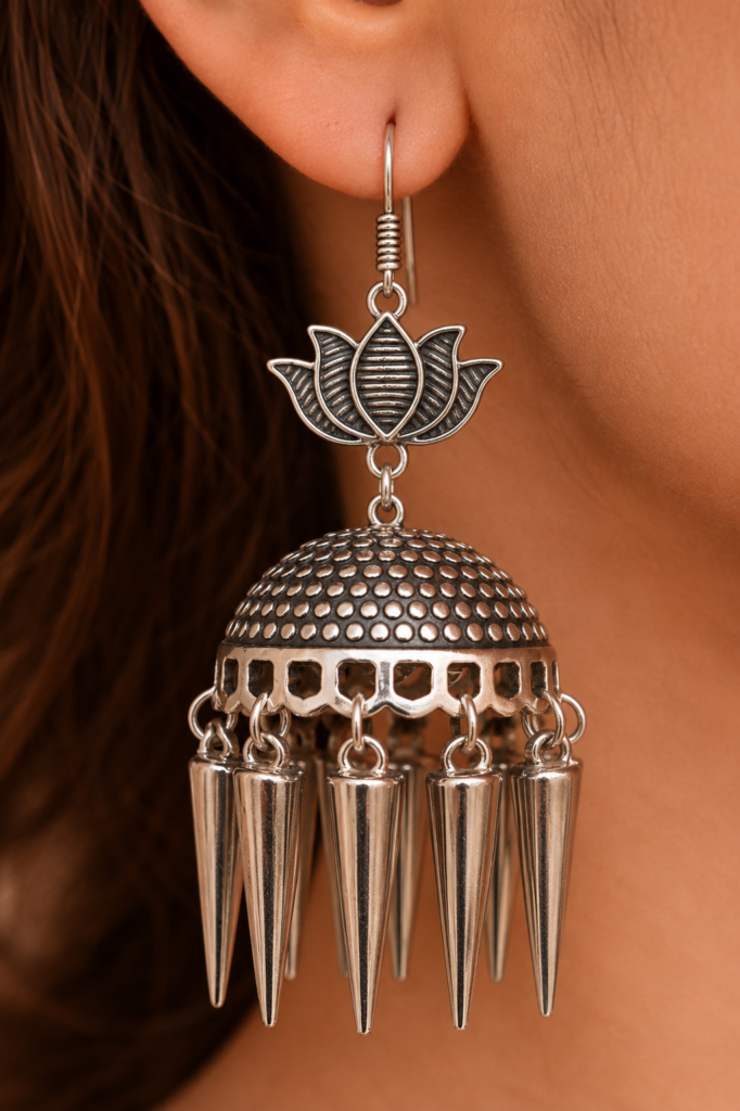 Premium Oxidized GS Metal Lotus Jhumka Earrings with Spike Drops | Tribal Ethnic Jewellery