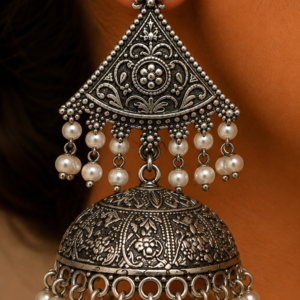 Premium Oxidized GS Metal Classic Pearl Jhumka Earrings | XXL Statement Ethnic Jewellery