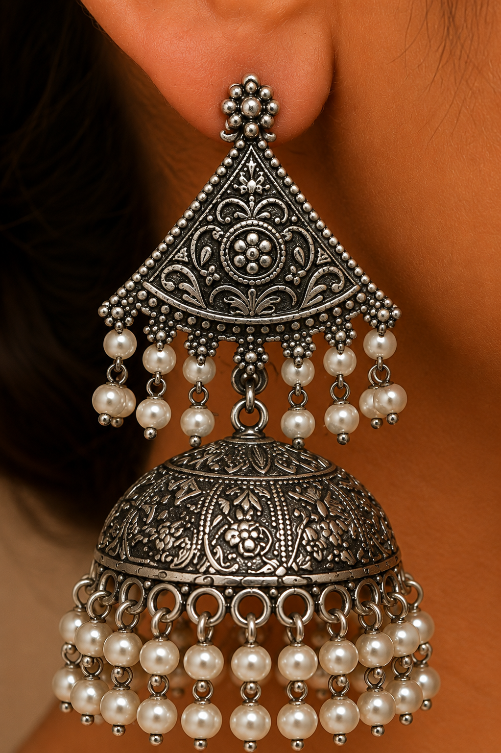 Premium Oxidized GS Metal Classic Pearl Jhumka Earrings | XXL Statement Ethnic Jewellery