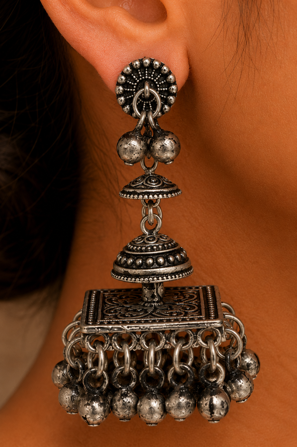 Premium Oxidized GS Metal Temple Jhumka Earrings with Ghungroo Drops | Statement Ethnic Jewellery