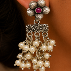 Premium Oxidized GS Metal Floral Pearl Cluster Drop Earrings | Statement Ethnic Jewellery