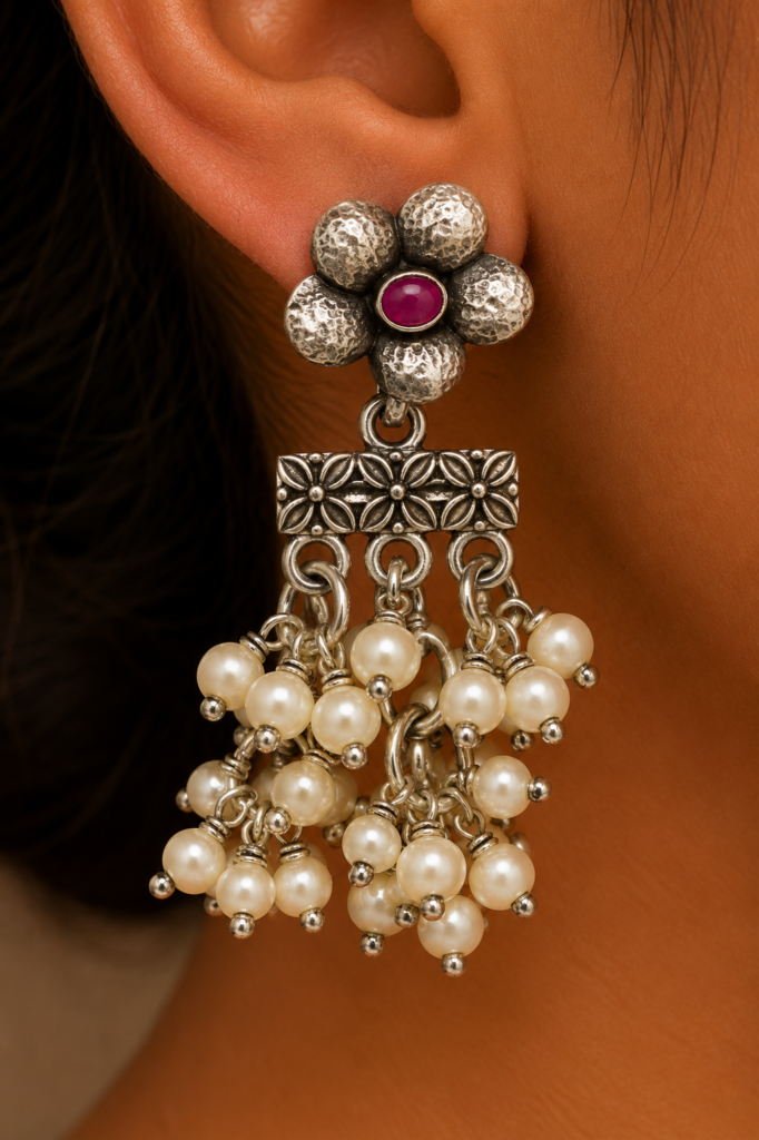Premium Oxidized GS Metal Floral Pearl Cluster Drop Earrings | Statement Ethnic Jewellery