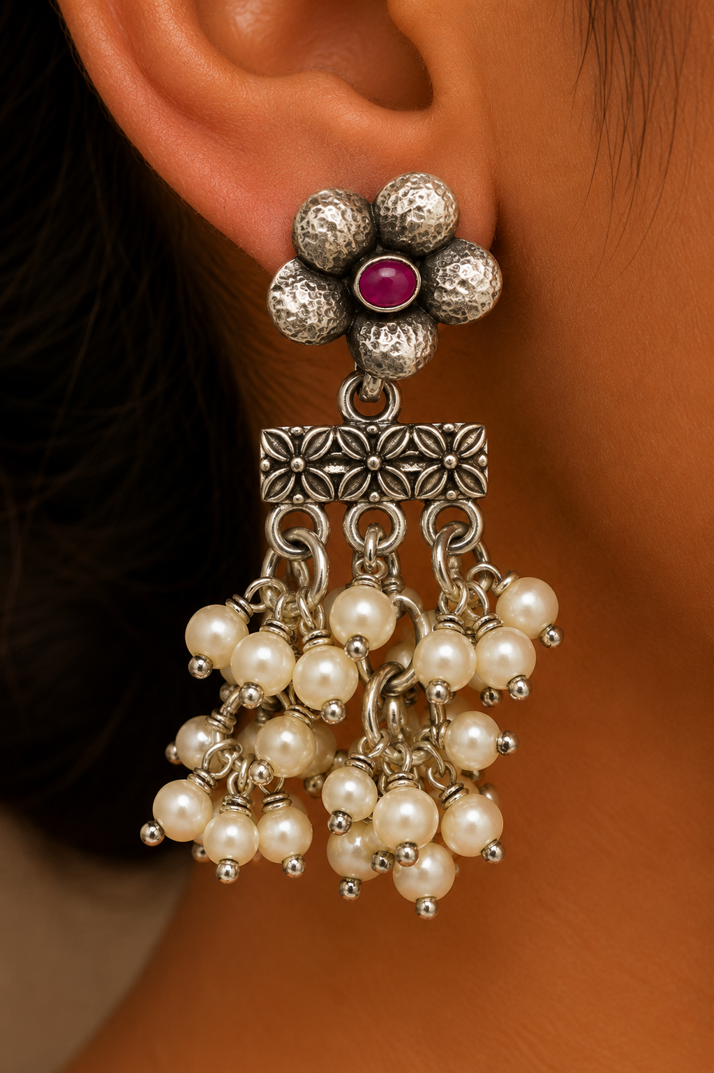 Premium Oxidized GS Metal Floral Pearl Cluster Drop Earrings | Statement Ethnic Jewellery