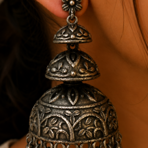 Premium Oxidized GS Metal Triple Dome Jhumka Earrings | Traditional Statement Jewellery