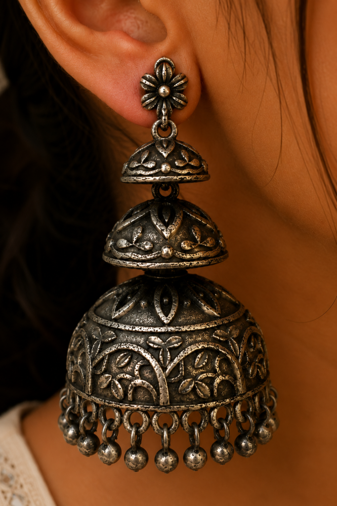 Premium Oxidized GS Metal Triple Dome Jhumka Earrings | Traditional Statement Jewellery