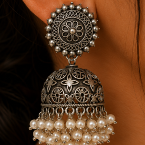 Premium Oxidized GS Metal Dome Jhumka Earrings with Pearl Fringe | Traditional Ethnic Jewellery