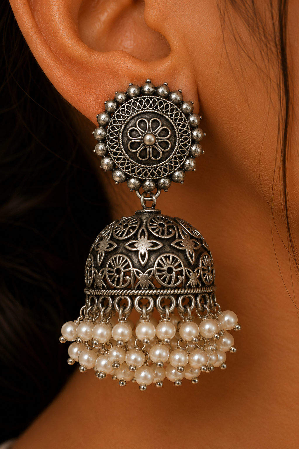 Premium Oxidized GS Metal Dome Jhumka Earrings with Pearl Fringe | Traditional Ethnic Jewellery