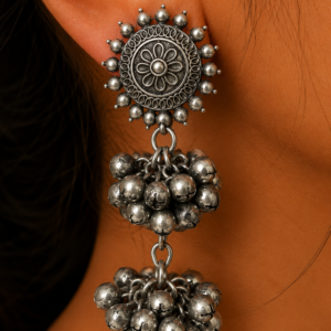 Premium Oxidized GS Metal Floral Stud Double-Layered Ghungroo Cluster Earrings | Statement Ethnic Jewellery