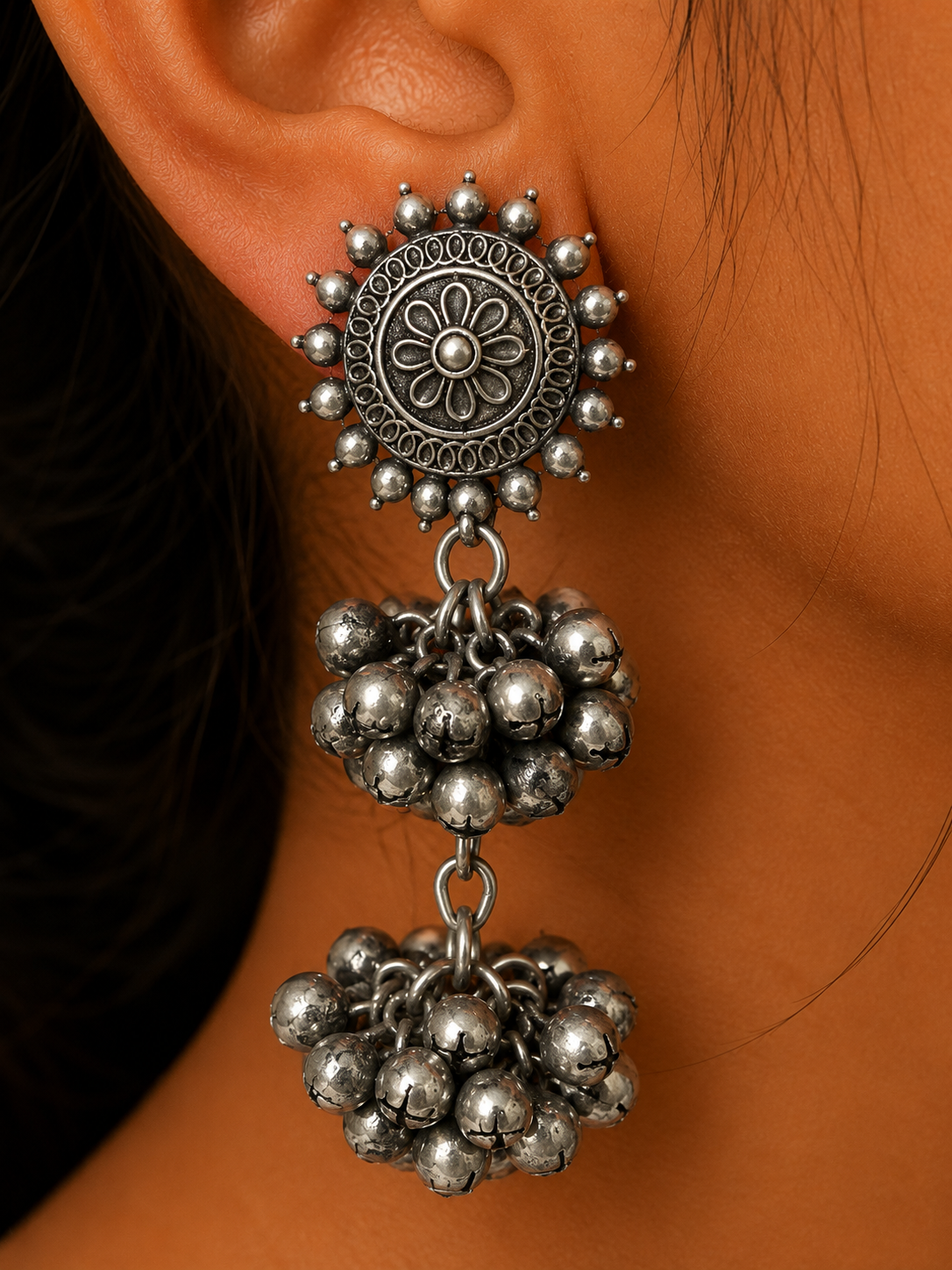 Premium Oxidized GS Metal Floral Stud Double-Layered Ghungroo Cluster Earrings | Statement Ethnic Jewellery