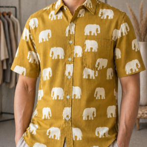 Pure Cotton Sanganeri Printed Men’s Shirt - Mustard Elephant