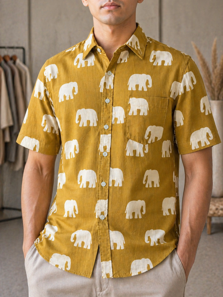 Pure Cotton Sanganeri Printed Men’s Shirt - Mustard Elephant