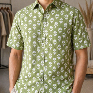 Pure Cotton Sanganeri Printed Men’s Shirt - Sage Green White Floral