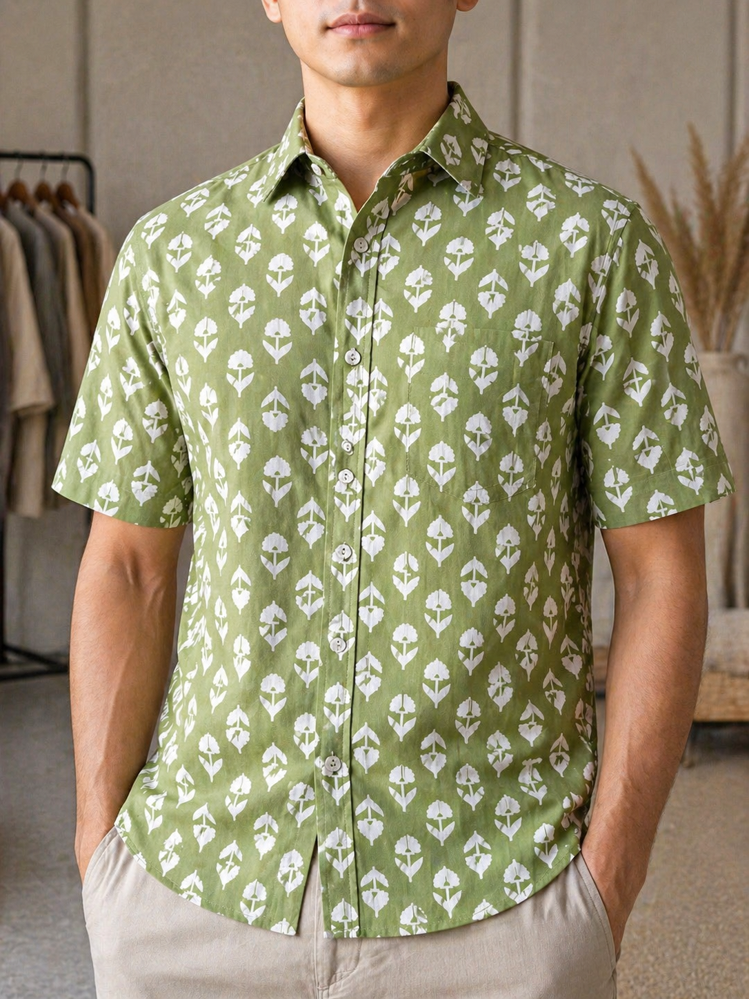 Pure Cotton Sanganeri Printed Men’s Shirt - Sage Green White Floral