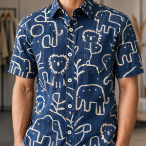 Pure Cotton Sanganeri Printed Men’s Shirt - Indigo Tribal Animal
