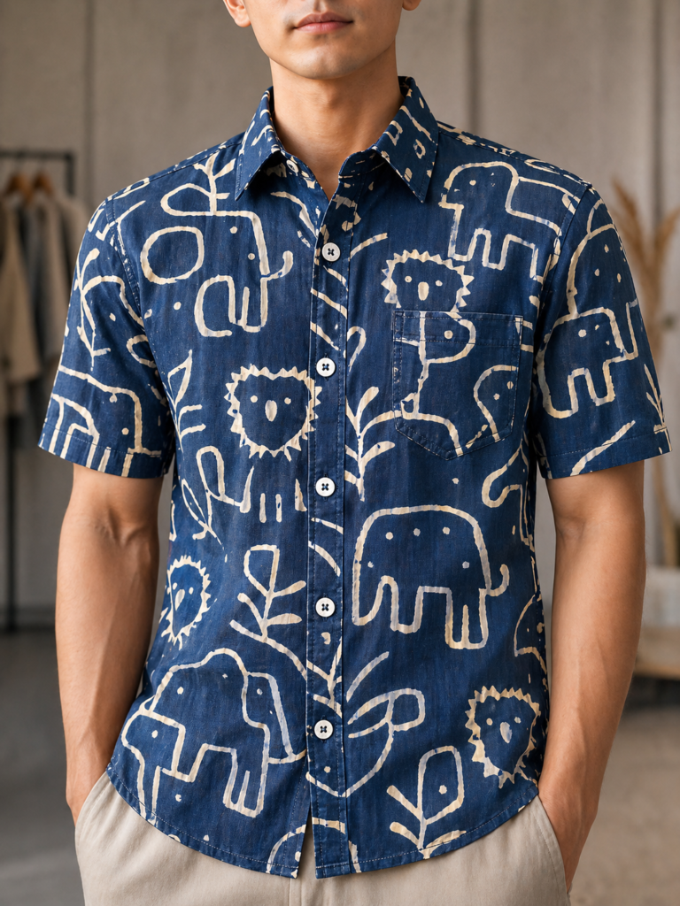 Pure Cotton Sanganeri Printed Men’s Shirt - Indigo Tribal Animal