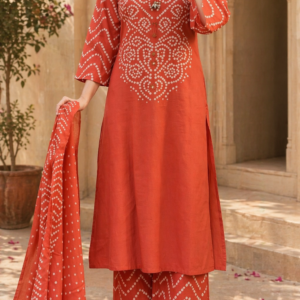 Pure Cotton Bandhani Printed Kurta Set with Palazzos & Dupatta