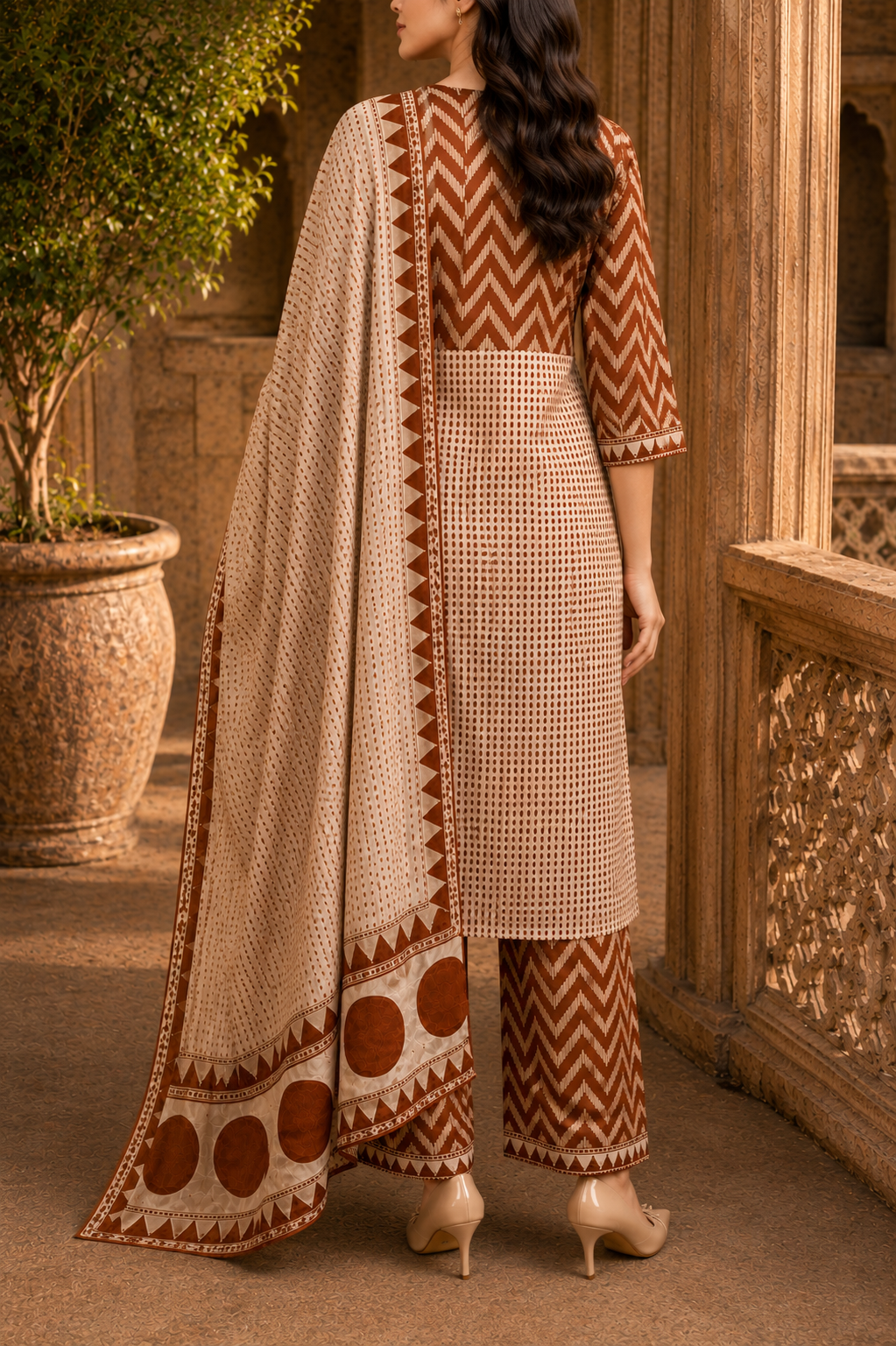 Beige & Rust Handblock Kurta Set with Pant & Dupatta (3-Piece) – Desert Earth - Image 2