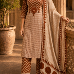 Beige & Rust Handblock Kurta Set with Pant & Dupatta (3-Piece) – Desert Earth