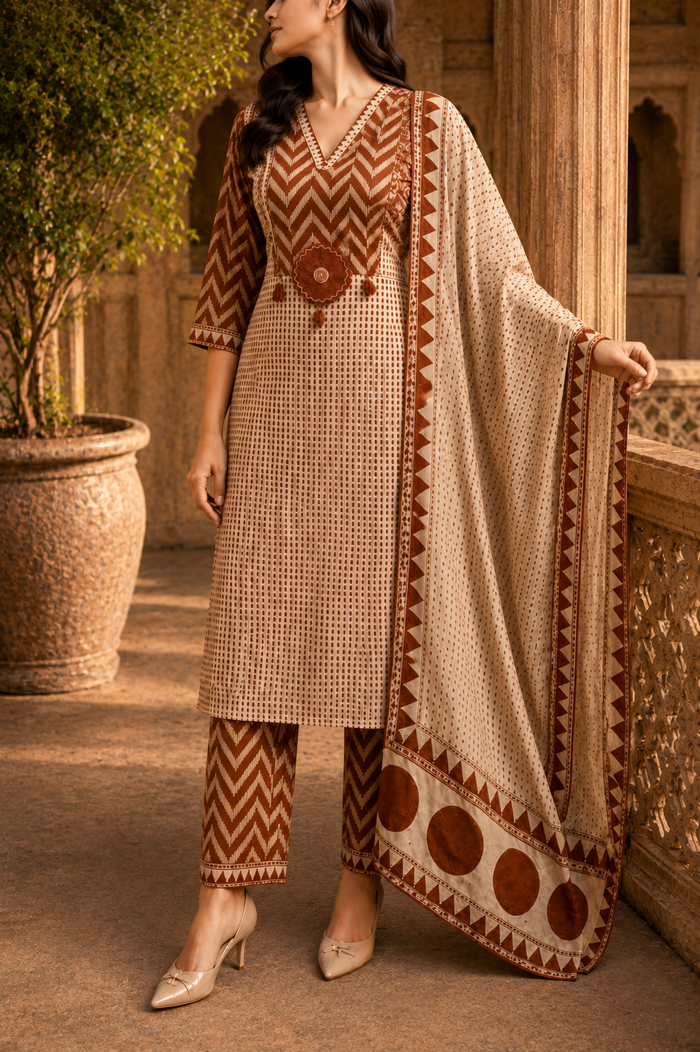 Beige & Rust Handblock Kurta Set with Pant & Dupatta (3-Piece) – Desert Earth