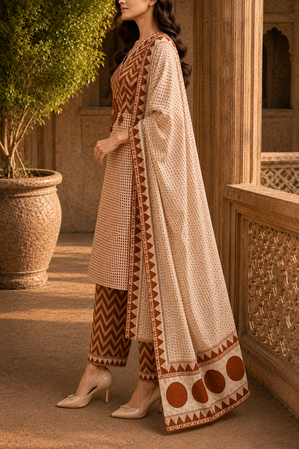 Beige & Rust Handblock Kurta Set with Pant & Dupatta (3-Piece) – Desert Earth - Image 3